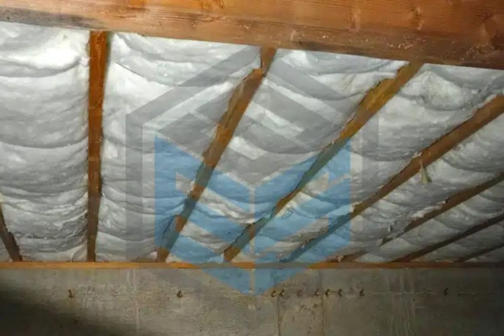 Insulation material spread across the attic floor of a house, providing thermal protection and energy efficiency.