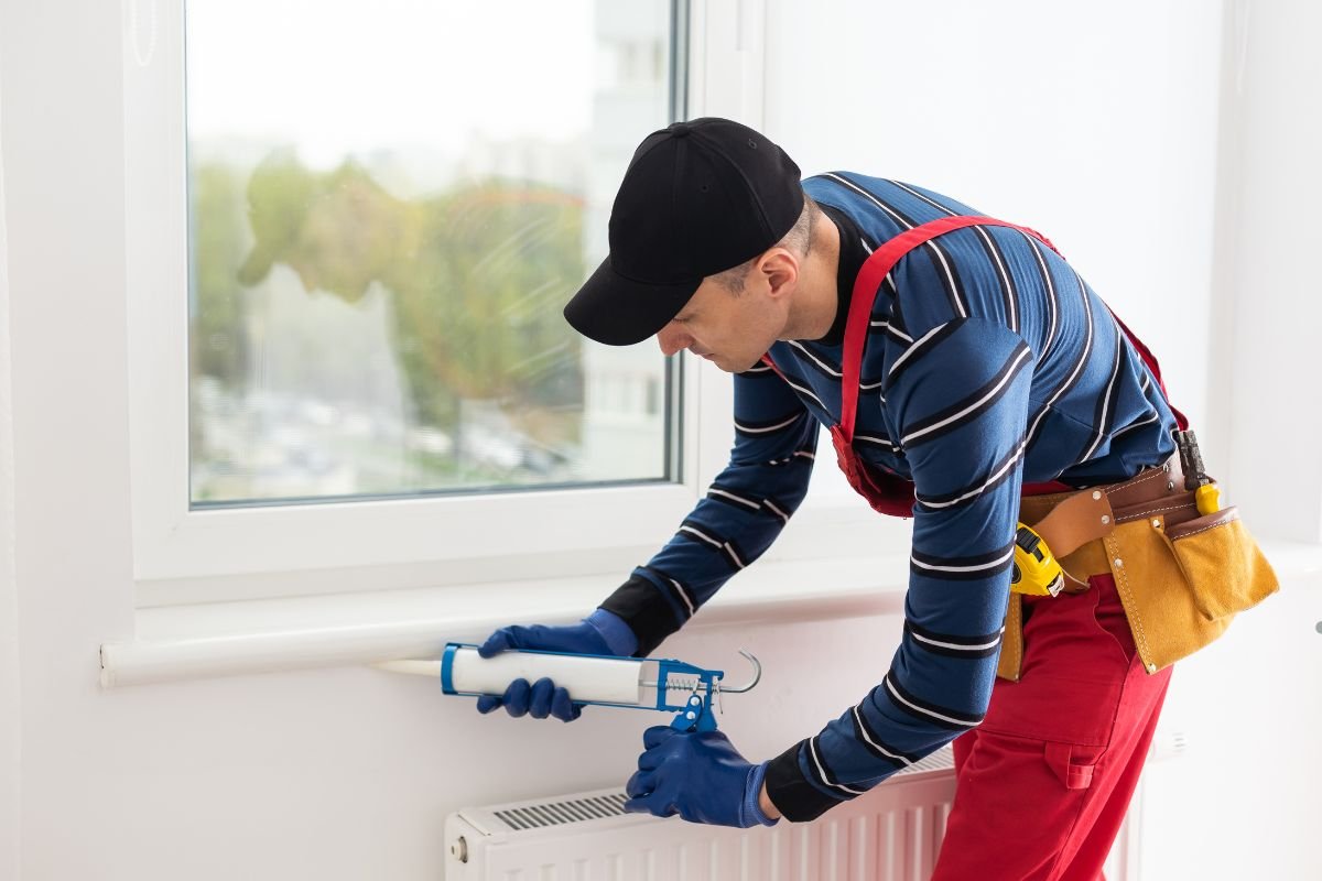 A handyman applies caulk along a window sill, wearing blue gloves, a striped shirt, and a tool belt, focused on his task.