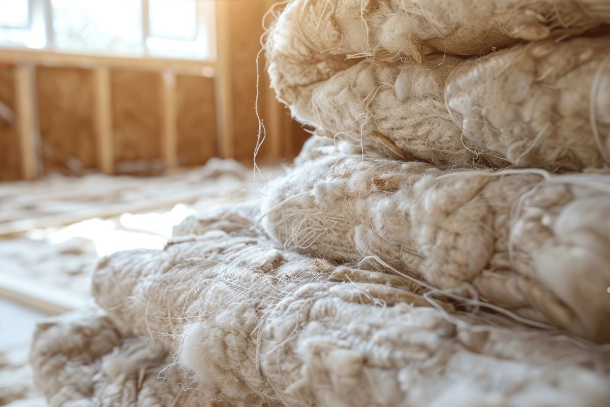 A pile of wool insulation material in a room with unfinished walls, showcasing the preparation for construction or renovation. 